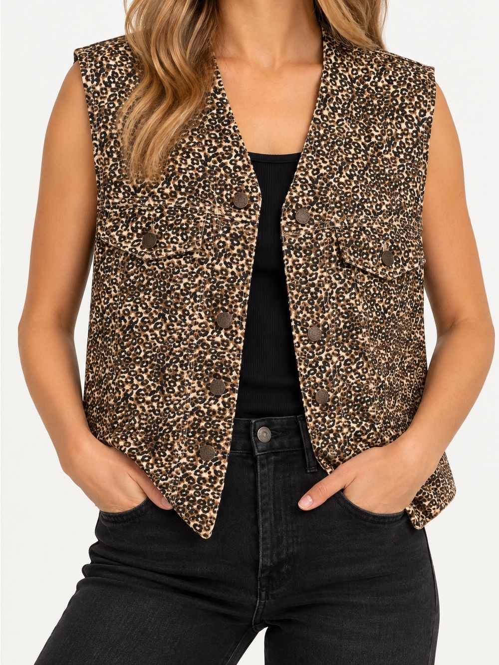 Vintage Bay Street Leopard Print Denim Vest Animal Print Western Y2K
